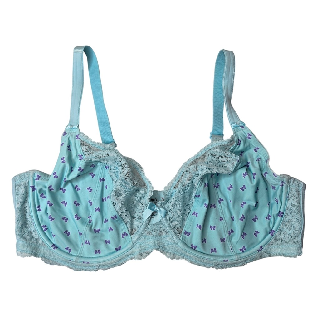 Olga Bra Womens 42D Blue Flirty GI9711A Bow Print Lace Trim Underwire Coquette